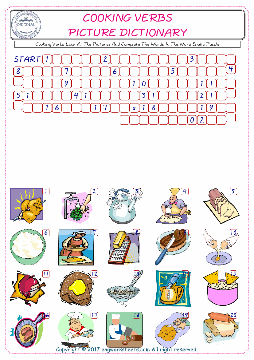  Check the Illustrations of Cooking Verbs english worksheets for kids, and Supply the Missing Words in the Word Snake Puzzle ESL play. 